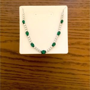 Rhinestone Necklace, Green and Diamond-look Stones on Silvertone Chain